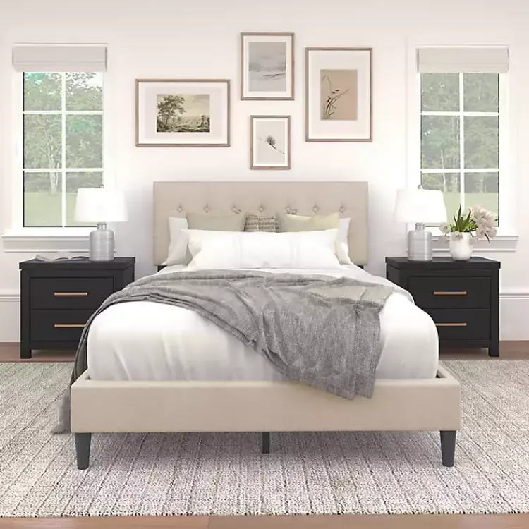 Beds & Headboards-Kirklands Home Beige Tufted Low Profile Platform Queen Bed Tan