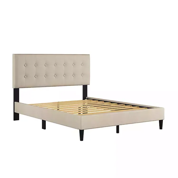 Beds & Headboards-Kirklands Home Beige Tufted Low Profile Platform Queen Bed Tan