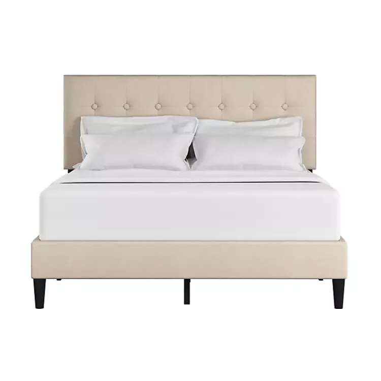 Beds & Headboards-Kirklands Home Beige Tufted Low Profile Platform Queen Bed Tan