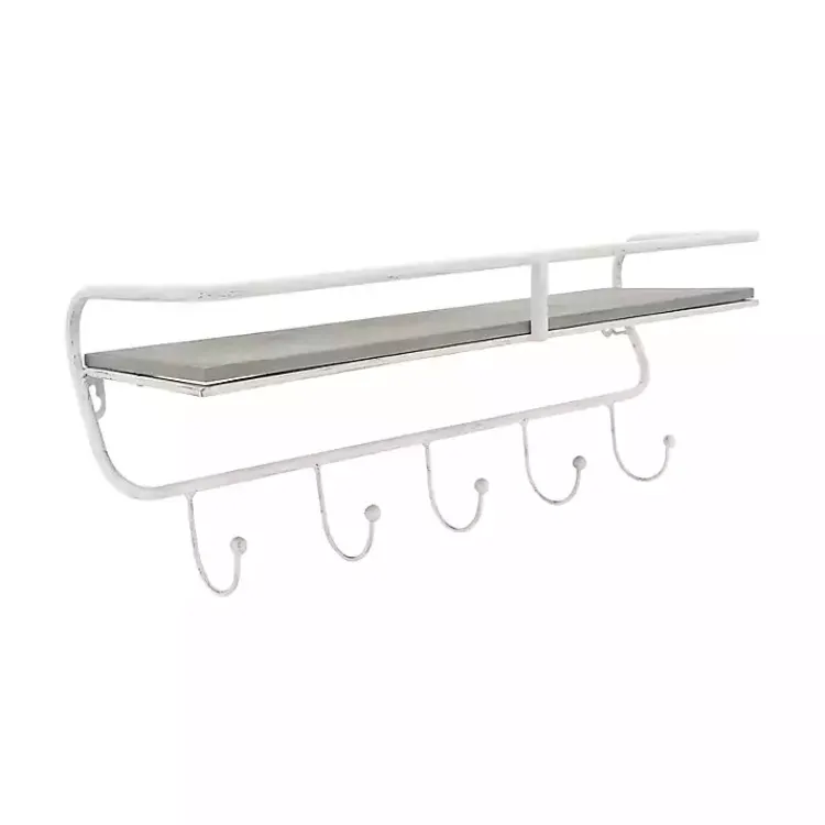 Hooks-Kirklands Home Distressed White Metal Wall Shelf with Hooks