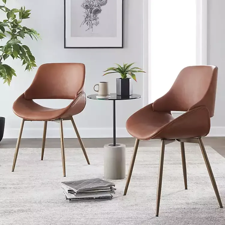 Accent Chairs-Kirklands Home Camel Faux Leather Scooped Accent Chairs, Set of 2 Brown