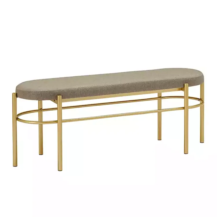Benches & Ottomans-Kirklands Home Taupe Upholstered Gold Metal Leg Bench Gray
