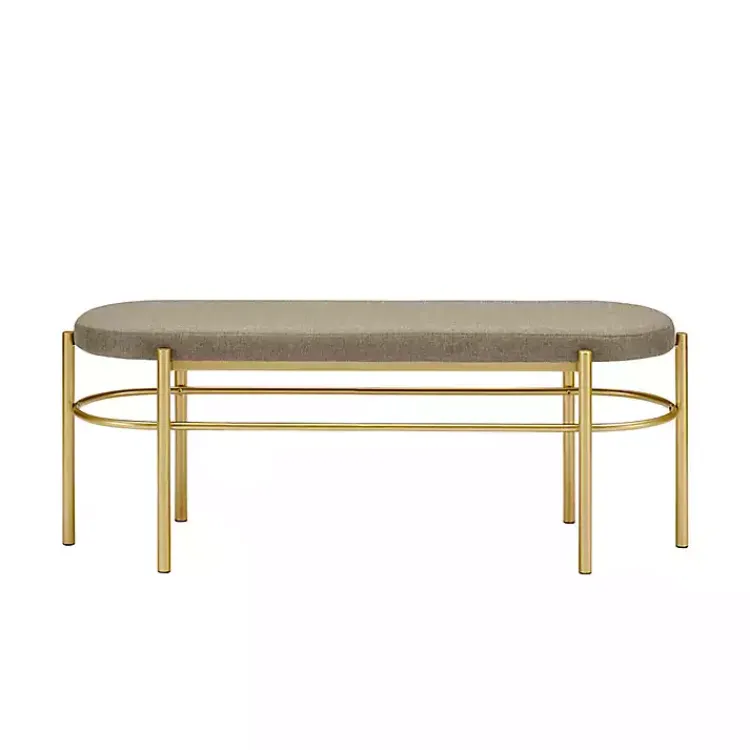 Benches & Ottomans-Kirklands Home Taupe Upholstered Gold Metal Leg Bench Gray