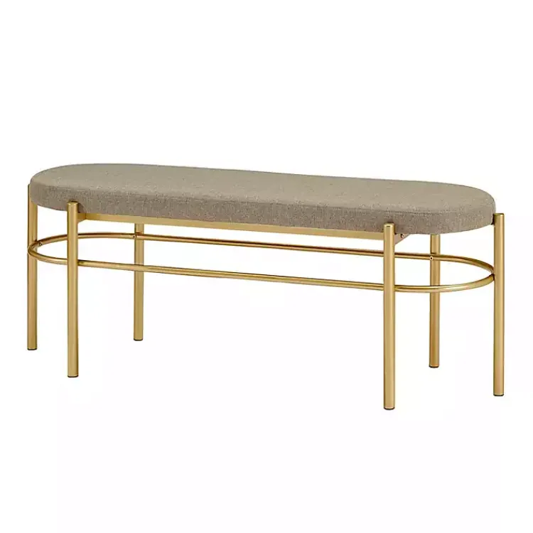 Benches & Ottomans-Kirklands Home Taupe Upholstered Gold Metal Leg Bench Gray