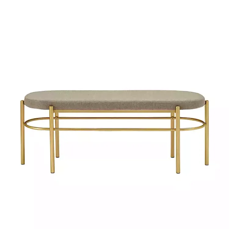 Benches & Ottomans-Kirklands Home Taupe Upholstered Gold Metal Leg Bench Gray