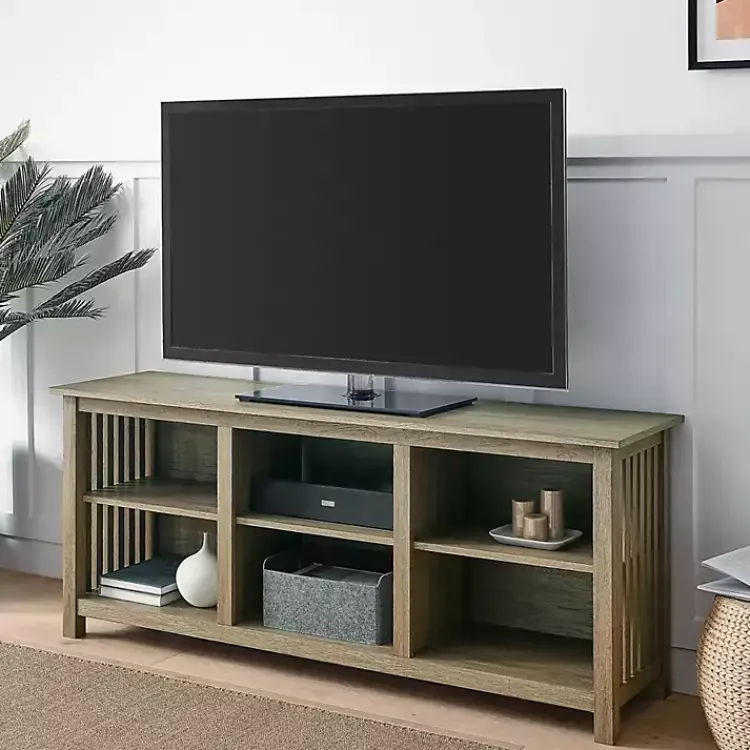 Tv Stands & Media Consoles-Kirklands Home Driftwood Slatted Sides Media Cabinet Gray
