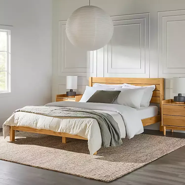 Beds & Headboards-Kirklands Home Natural Pine Wood Slatted Headboard Queen Bed Tan
