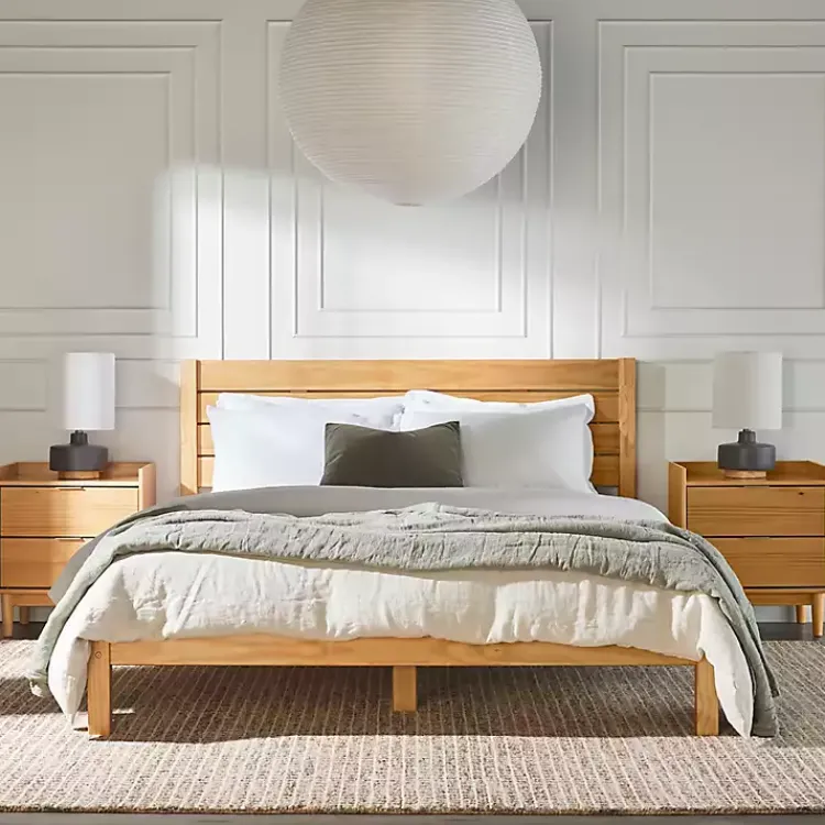 Beds & Headboards-Kirklands Home Natural Pine Wood Slatted Headboard Queen Bed Tan