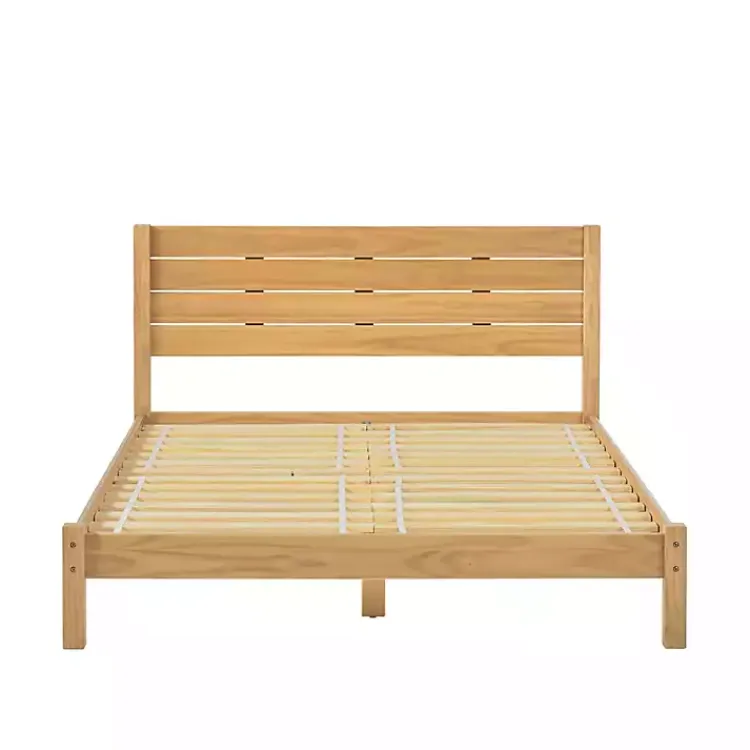 Beds & Headboards-Kirklands Home Natural Pine Wood Slatted Headboard Queen Bed Tan