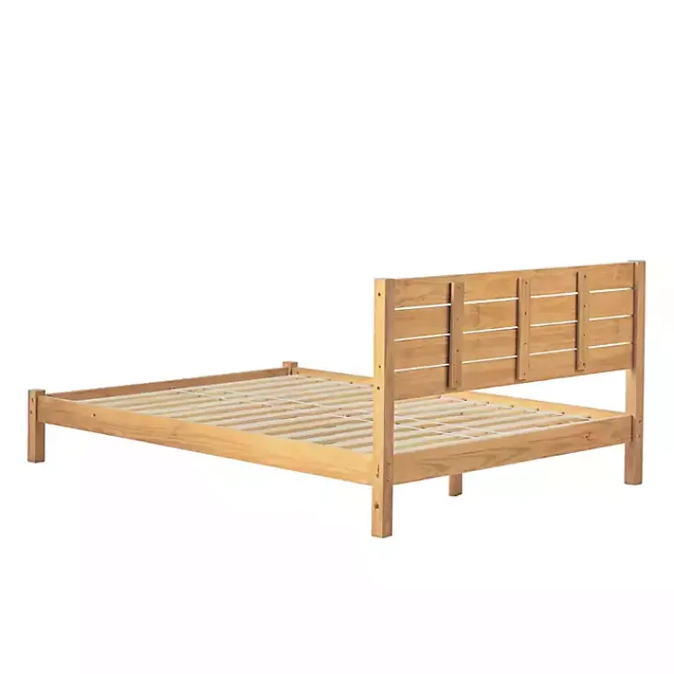 Beds & Headboards-Kirklands Home Natural Pine Wood Slatted Headboard Queen Bed Tan