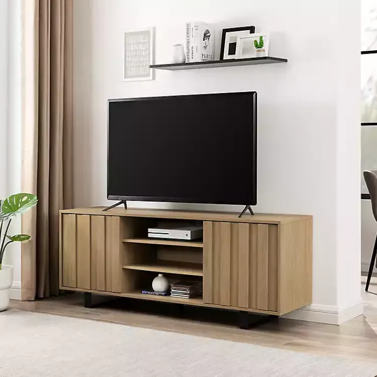 Tv Stands & Media Consoles-Kirklands Home Coastal Oak Grooved Media Cabinet Tan