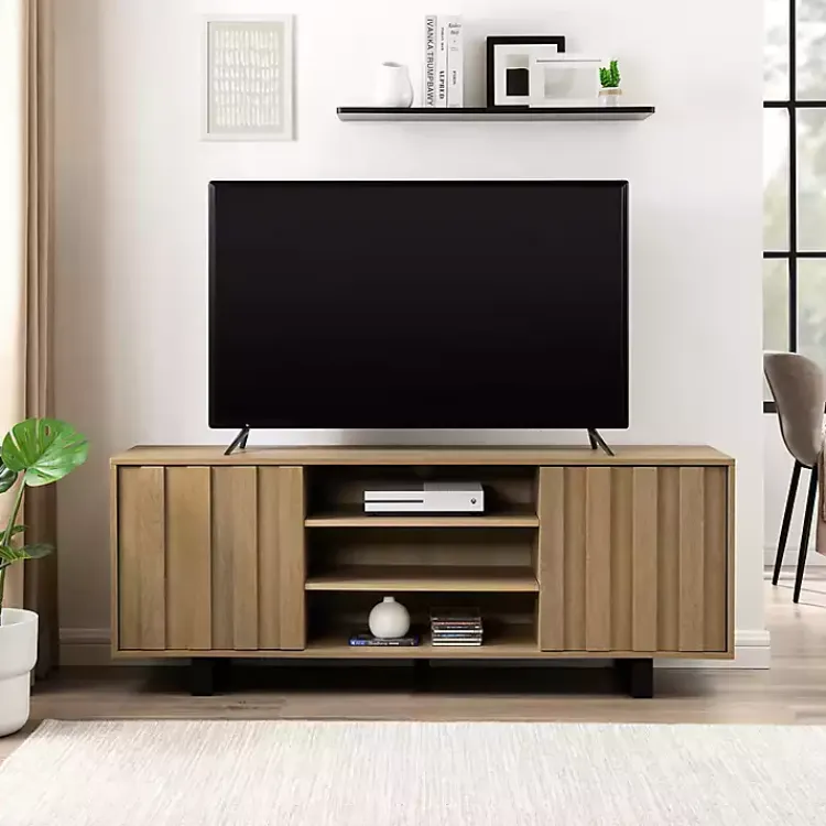 Tv Stands & Media Consoles-Kirklands Home Coastal Oak Grooved Media Cabinet Tan