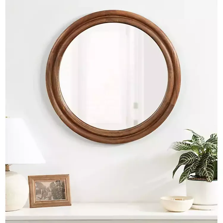 Decorative Mirrors-Kirklands Home Walnut Wood Ribbed Round Wall Mirror