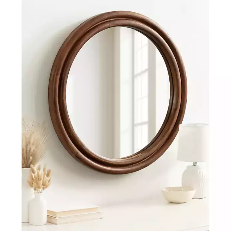Decorative Mirrors-Kirklands Home Walnut Wood Ribbed Round Wall Mirror