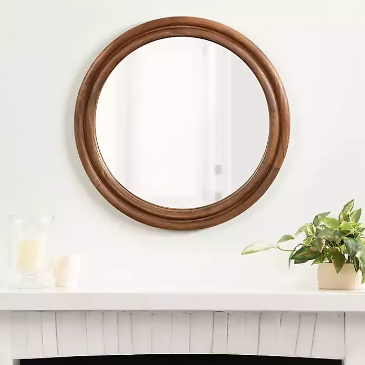 Decorative Mirrors-Kirklands Home Walnut Wood Ribbed Round Wall Mirror
