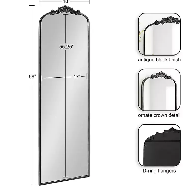 Decorative Mirrors-Kirklands Home Black Arch Ornate Crown Full Length Wall Mirror