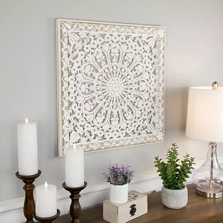 Wall Plaques-Kirklands Home Antique Floral Mandala Square Wall Plaque White