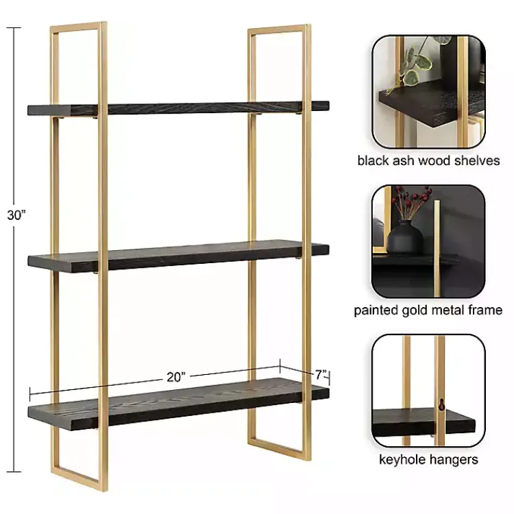 Shelves-Kirklands Home Black Wood and Gold Metal Leigh Wall Shelf