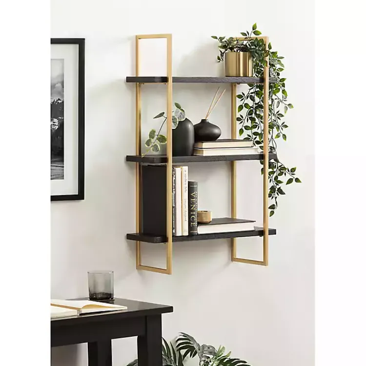 Shelves-Kirklands Home Black Wood and Gold Metal Leigh Wall Shelf