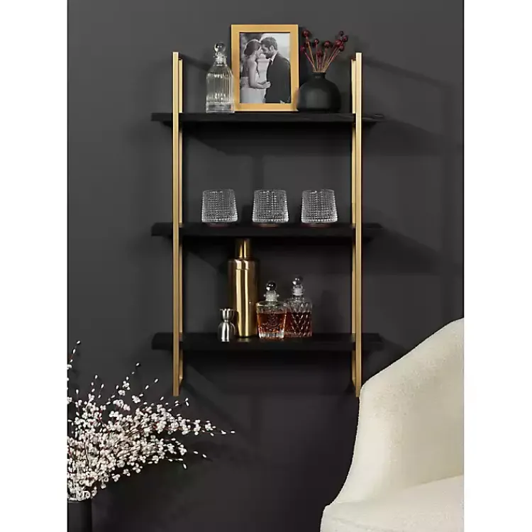 Shelves-Kirklands Home Black Wood and Gold Metal Leigh Wall Shelf