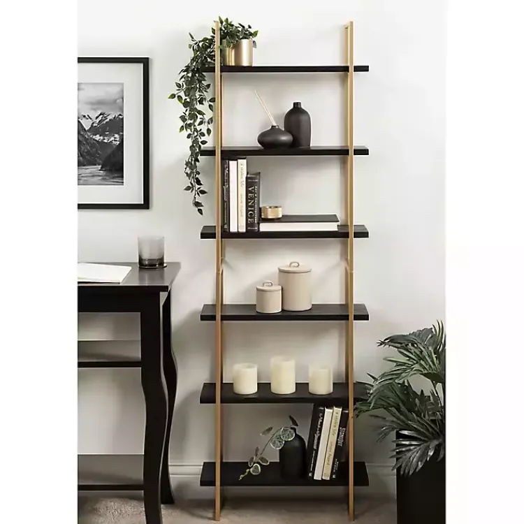 Shelves-Kirklands Home Black Wood and Gold Metal Leigh Wall Shelf