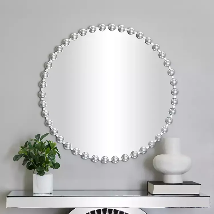 Decorative Mirrors-Kirklands Home Round Silver Beaded Wall Mirror