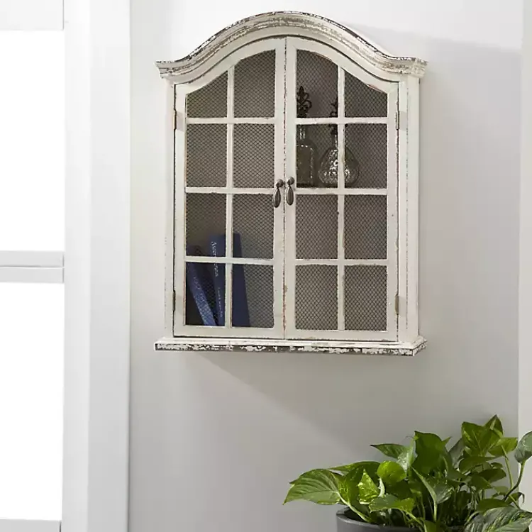 Wall Storage-Kirklands Home Distressed Cream Wood Wall Cabinet