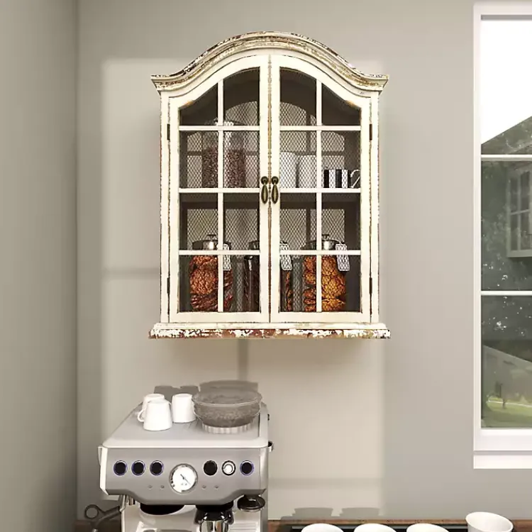 Wall Storage-Kirklands Home Distressed Cream Wood Wall Cabinet