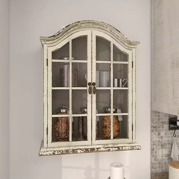 Wall Storage-Kirklands Home Distressed Cream Wood Wall Cabinet