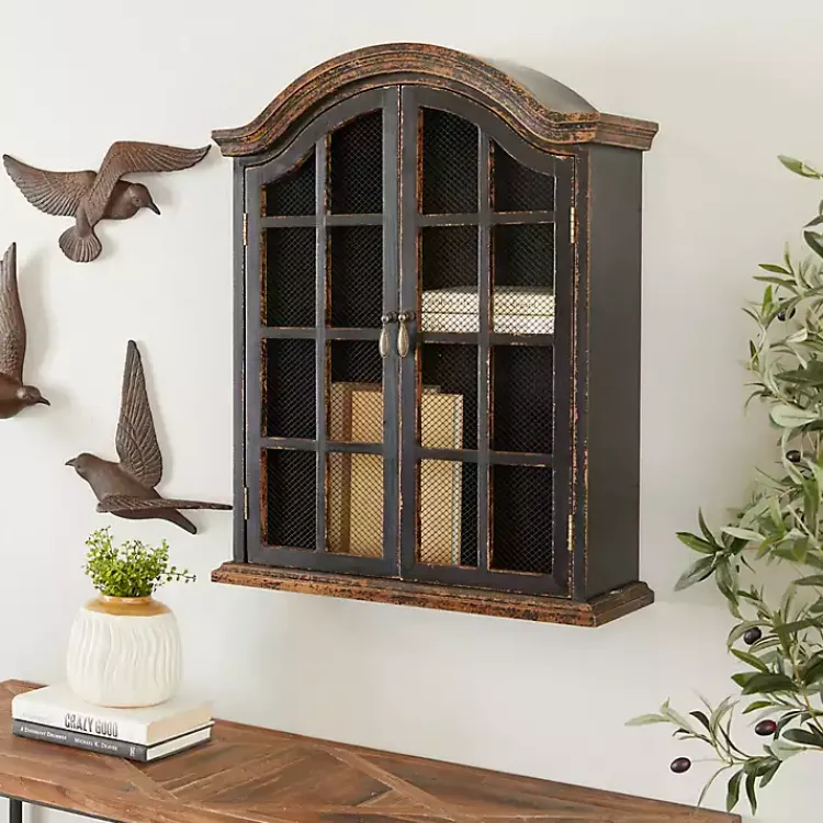 Wall Storage-Kirklands Home Distressed Black Wood Wall Cabinet