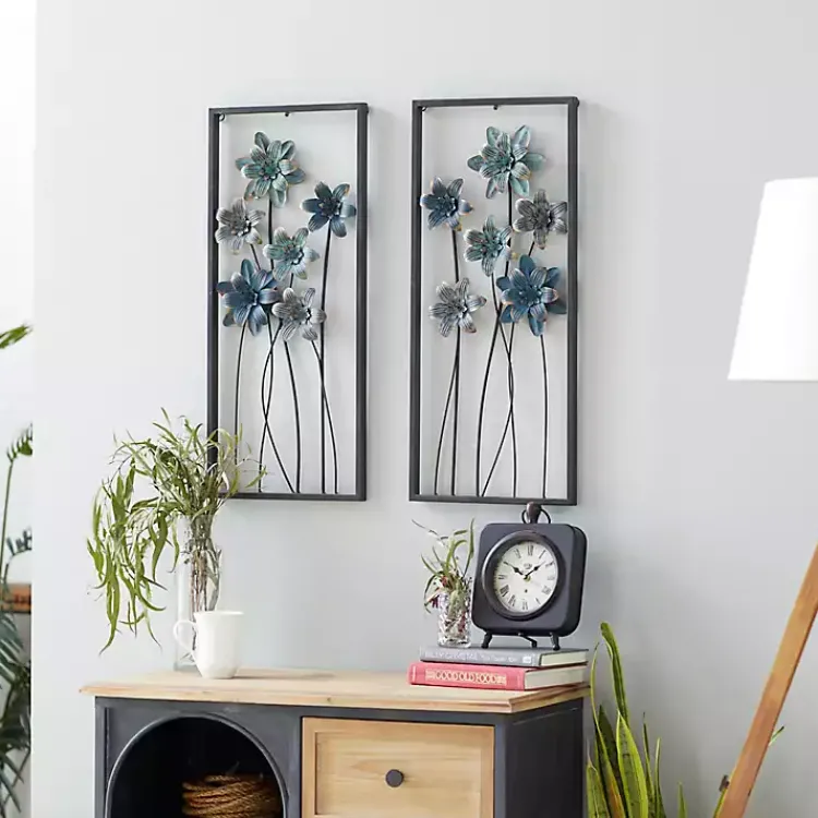 Wall Plaques-Kirklands Home Metal Floral Panel Wall Plaques, Set of 2 Blue