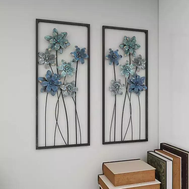 Wall Plaques-Kirklands Home Metal Floral Panel Wall Plaques, Set of 2 Blue