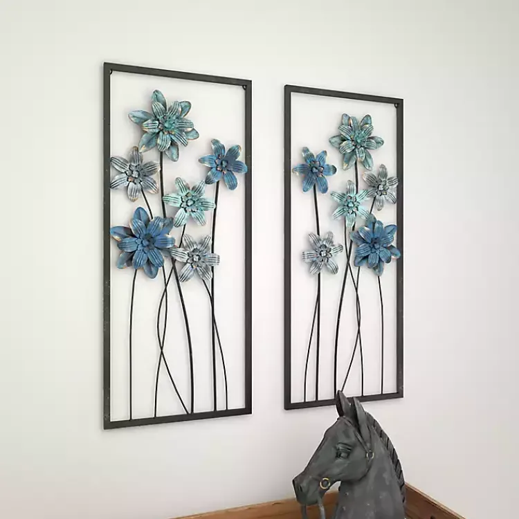 Wall Plaques-Kirklands Home Metal Floral Panel Wall Plaques, Set of 2 Blue