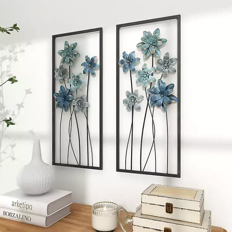 Wall Plaques-Kirklands Home Metal Floral Panel Wall Plaques, Set of 2 Blue