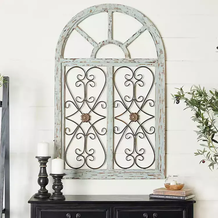 Wall Plaques-Kirklands Home Light Blue Wood Arched Window Wall Plaque
