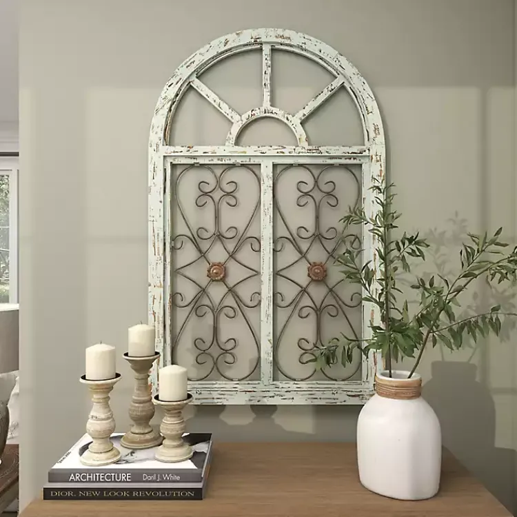 Wall Plaques-Kirklands Home Light Blue Wood Arched Window Wall Plaque