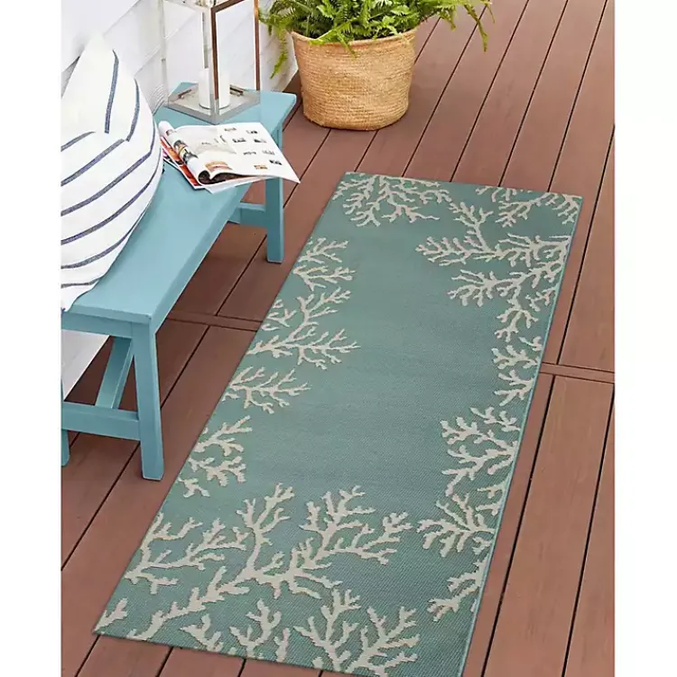 Outdoor Rugs-Kirklands Home Coral Indoor/Outdoor Runner, 1x4 Blue