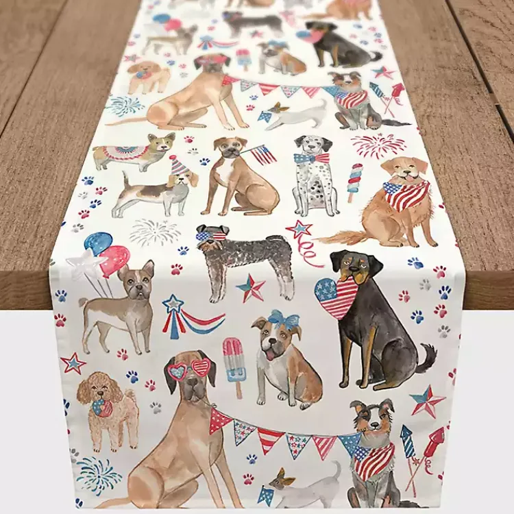 Table Linens-Kirklands Home Fourth of July Patriotic Pups Table Runner, 90 in.