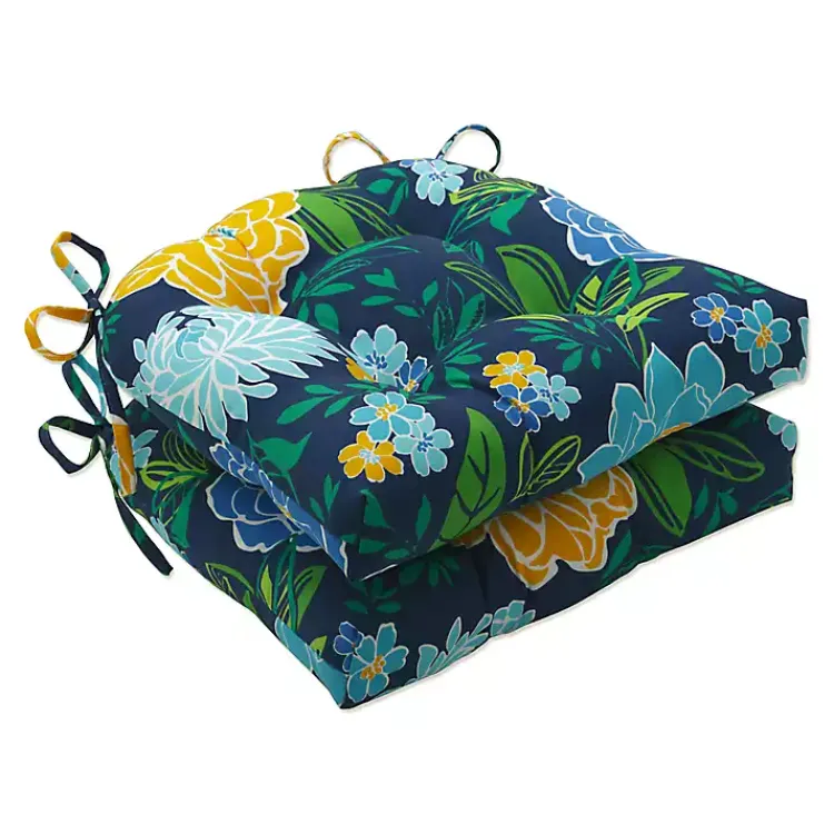 Outdoor Cushions & Pillows-Kirklands Home Blue Floral Tufted Outdoor Seat Cushions, Set of 2