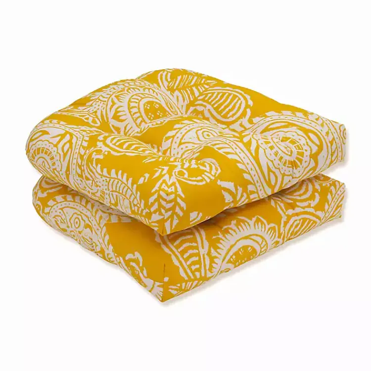 Outdoor Cushions & Pillows-Kirklands Home Yellow Paisley Outdoor Seat Cushions, Set of 2