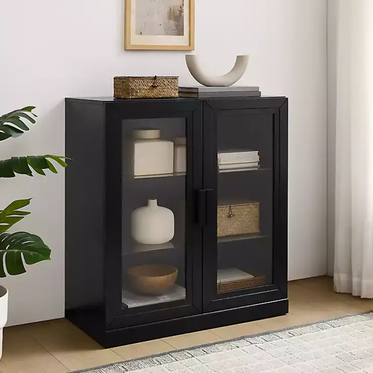 Cabinets & Sideboards-Kirklands Home Black Wood and Glass Stackable Storage Cabinet