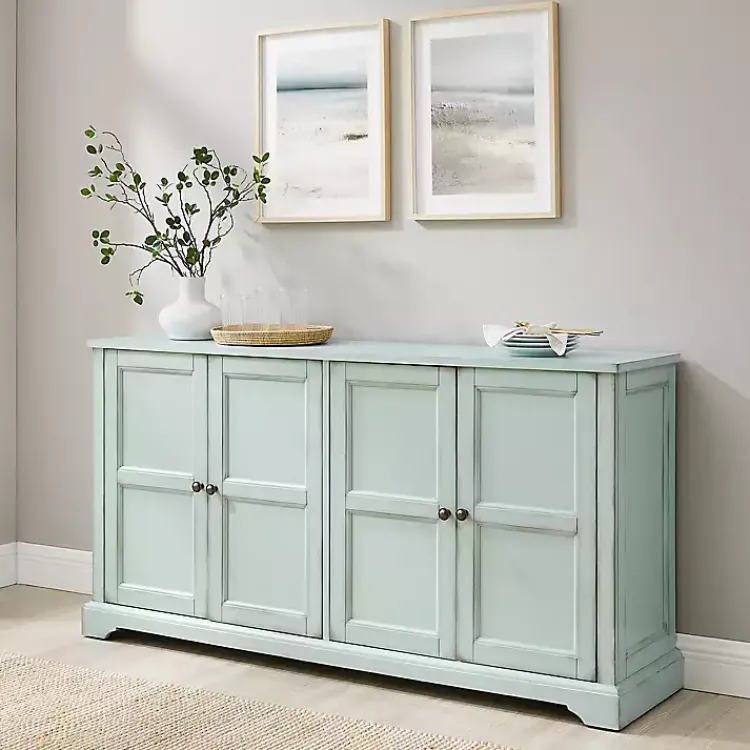 Cabinets & Sideboards-Kirklands Home Light Paneled 4-Door Sideboard Blue