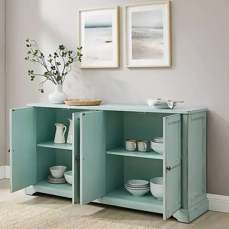 Cabinets & Sideboards-Kirklands Home Light Paneled 4-Door Sideboard Blue