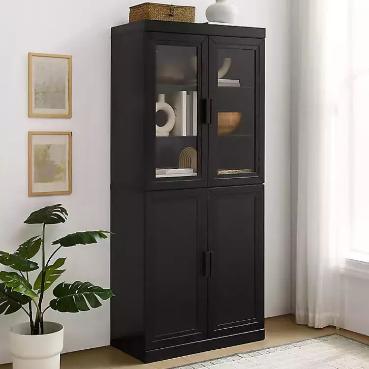 Cabinets & Sideboards-Kirklands Home Tall Black Wood and 4-Door Storage Cabinet
