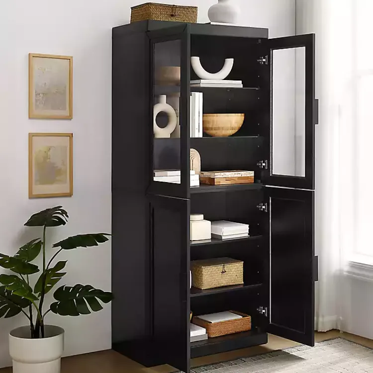 Cabinets & Sideboards-Kirklands Home Tall Black Wood and 4-Door Storage Cabinet