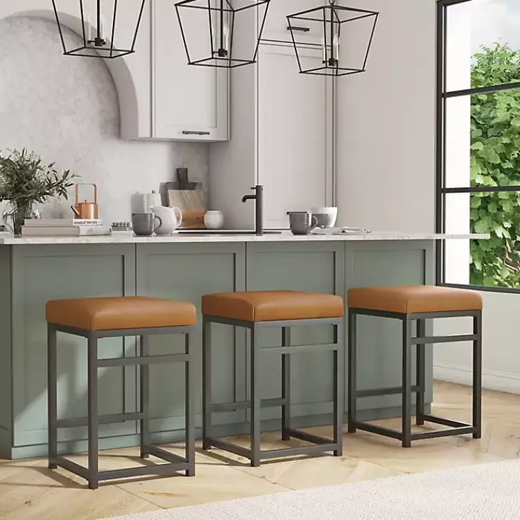 Bar Stools & Counter Height Stools-Kirklands Home Caramel Faux Leather Upholstered Counter Stool Tan