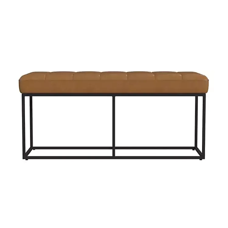 Benches & Ottomans-Kirklands Home Caramel Faux Leather Upholstered Metal Frame Bench Tan