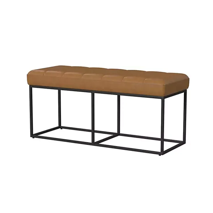 Benches & Ottomans-Kirklands Home Caramel Faux Leather Upholstered Metal Frame Bench Tan