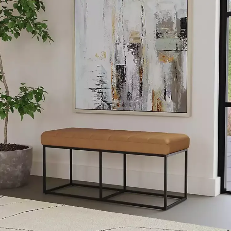 Benches & Ottomans-Kirklands Home Caramel Faux Leather Upholstered Metal Frame Bench Tan