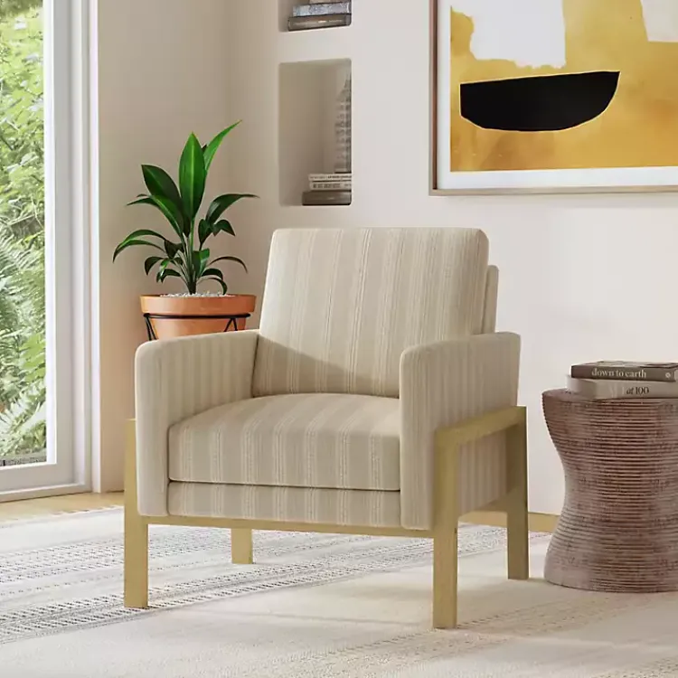 Accent Chairs-Kirklands Home Tan Striped Upholstered Wood Frame Armchair